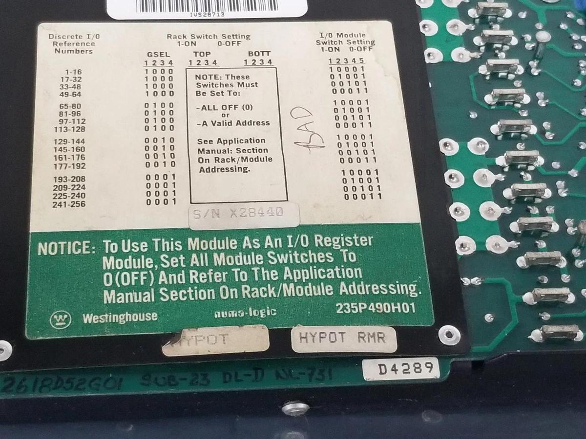 Used WESTINGHOUSE / NUMA LOGIC NL-731 OUTPUT MODULE 235P471H02 , 931004 (FOR PARTS)