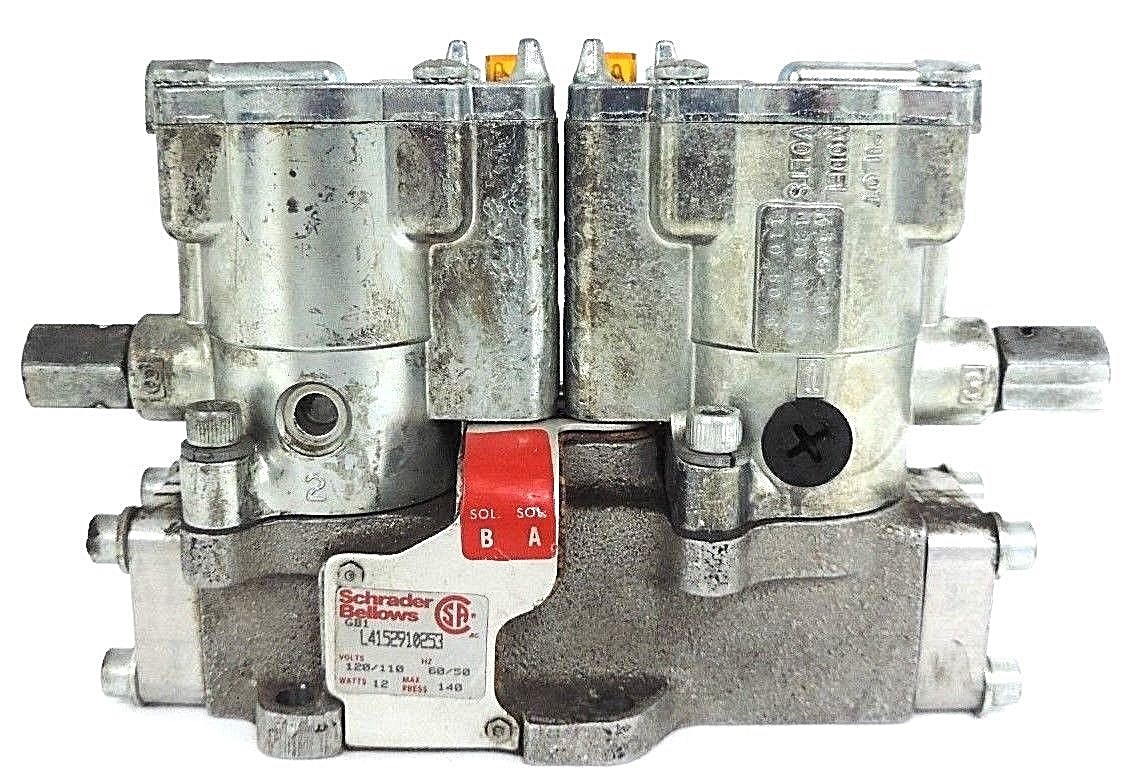 Used SCHRADER BELLOWS L4152910253 PNEUMATIC VALVE 110/220V, 50/60HZ, 12WATT, 140PSI