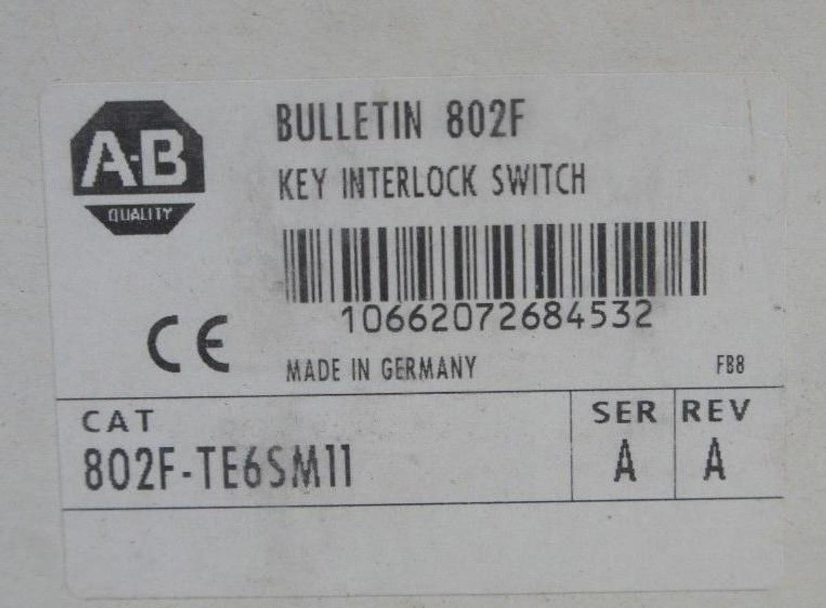 Used NIB ALLEN BRADLEY 802F-TE6SM11 SAFETY KEY INTERLOCK SWITCH SER. A, REV. A