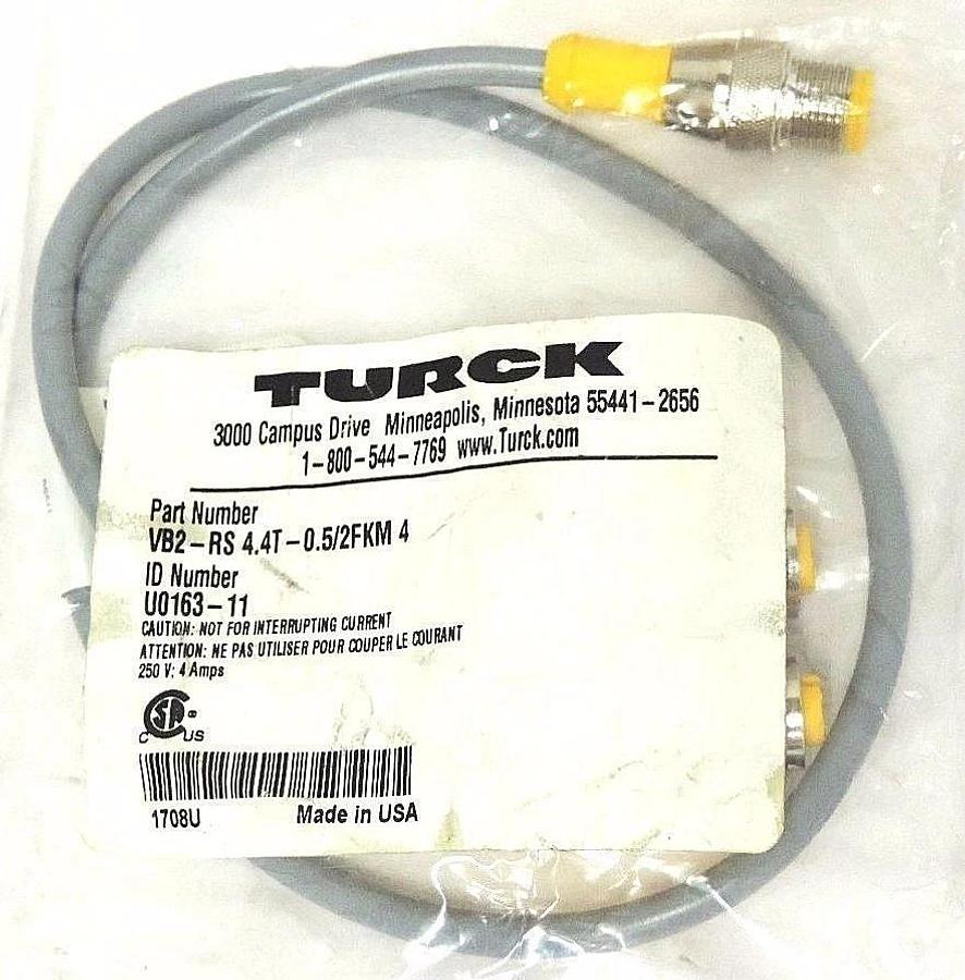 Used NEW TURCK U0163-11 MOLDED TWIN JUNCTION VB2-RS 4.4T-0.5/2FKM 4, 250V, 4AMP