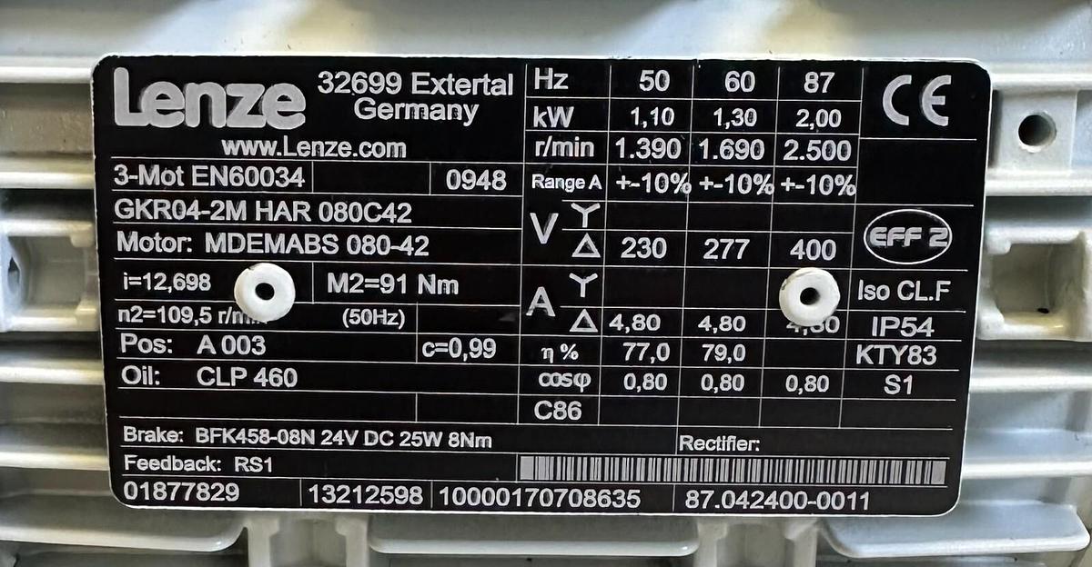 Used NEW LENZE MDEMABS080-42 / GKR04-2MHAR080C42 GEAR MOTOR BFK458-08N BRAKE 13212598