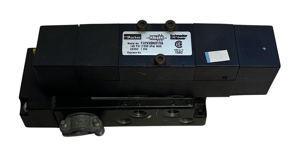 Used SCHRADER BELLOWS PARKER F32VXBK019A PNEUMATIC SOLENOID VALVE 24VDC 145PSI USNP