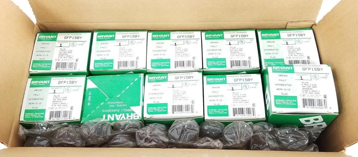 Used BOX OF 10 NEW BRYANT GFP15BY GROUND FAULT INTERRUPTER YELLOW 2P, 15A, 125V PLUGS