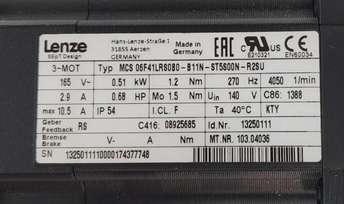 Used LENZE MCS 06F41LRS0B0-B11N-ST5S00N-R2SU SERVO MOTOR ID. NR. 13250111