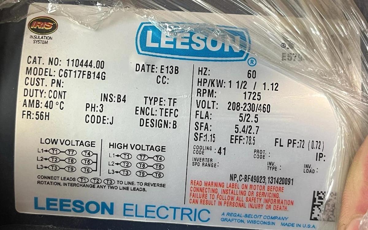 LEESON 110444.00 ELECTRIC MOTOR 1.5HP 1725RPM 3PH 56H TEFC 208-230/460V