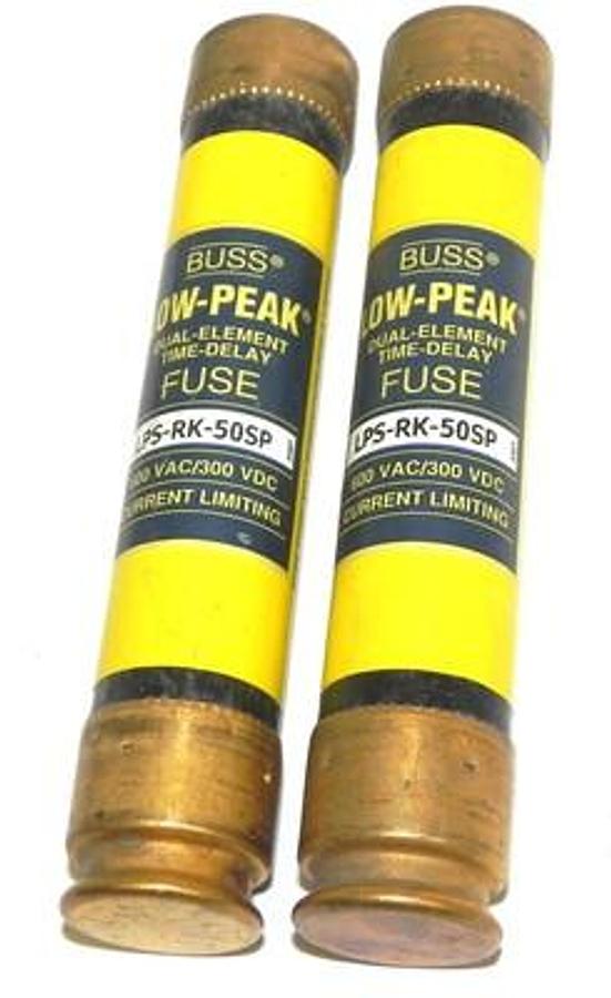 Used LOT OF 2 BUSSMANN LPS-RK-50SP LOW-PEAK DUAL ELEMENT FUSES LPSRK50SP