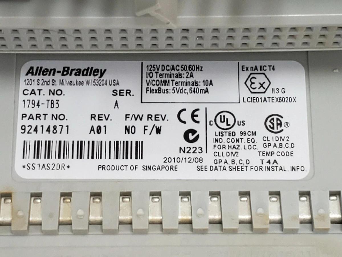 Used ALLEN BRADLEY 1794-TB3 TERMINAL BASE 1794TB3 SER. A REV. A01 P/N: 92414871
