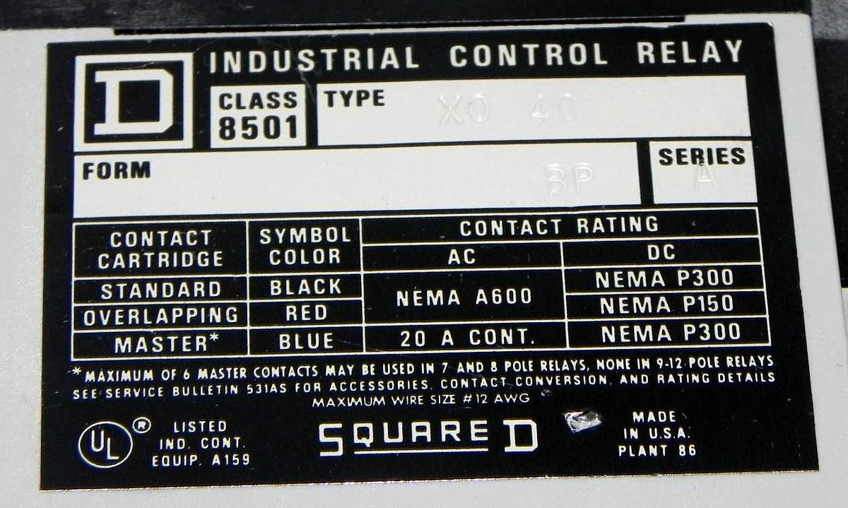 Used SQUARE D 8501-X040 CONTROL RELAY 8501X040 W/ 9998X44 COIL