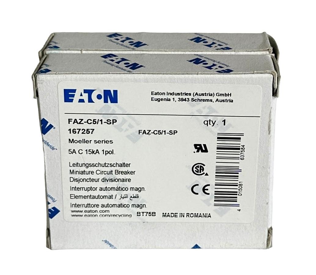 Used 2 NEW EATON FAZ-C5/1-SP / 167257 MOELLER SERIES 5A CIRCUIT BREAKER 1POL 15kA
