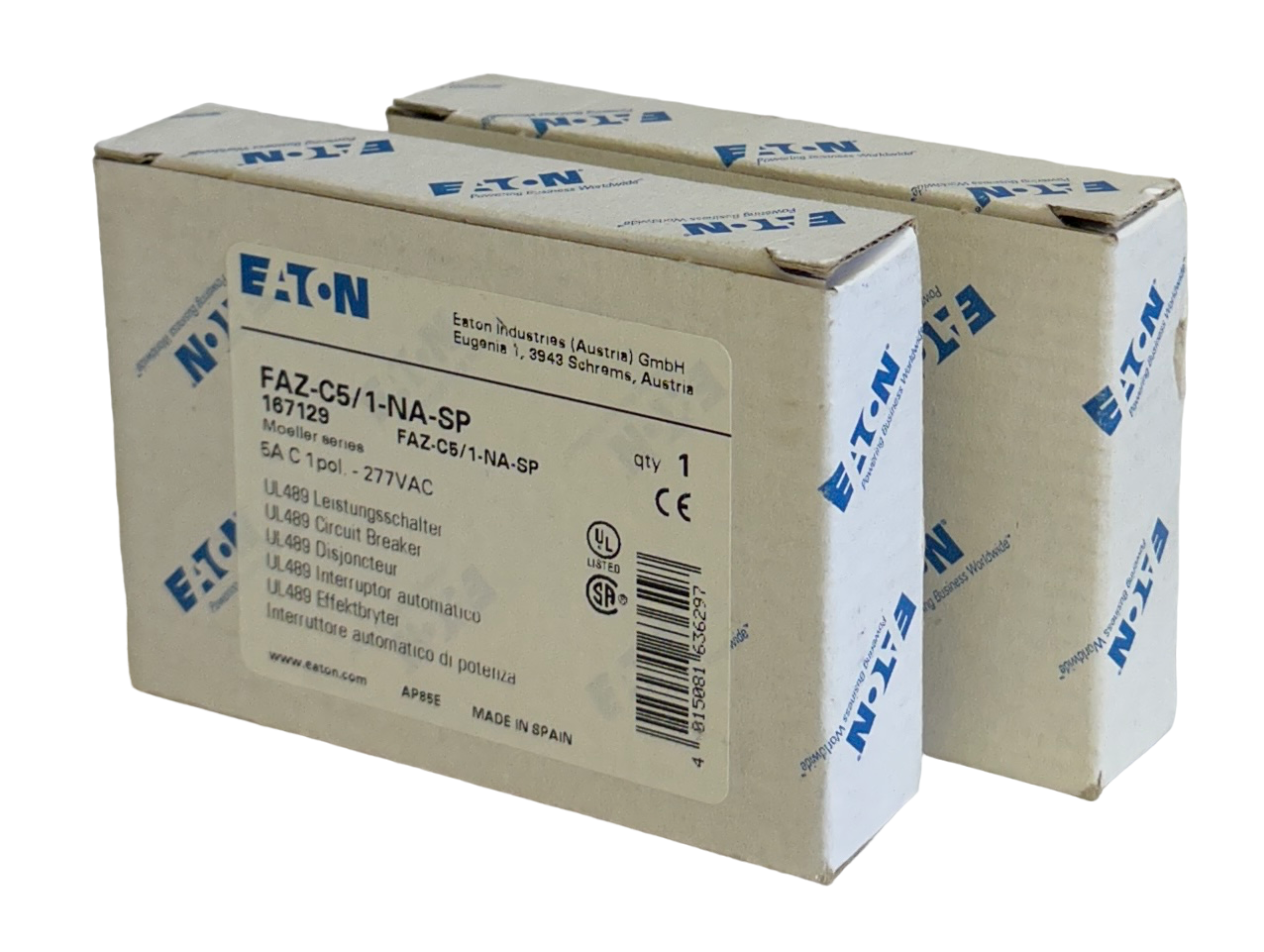 Used 2 NEW EATON FAZ-C5/1-NA-SP / 167129 MOELLER SERIES 5A CIRCUIT BREAKER 1P 277VAC