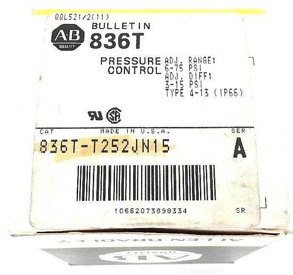 Used NIB ALLEN BRADLEY 836T-T252JN15 PRESSURE CONTROL 836TT252JN15, SER. A