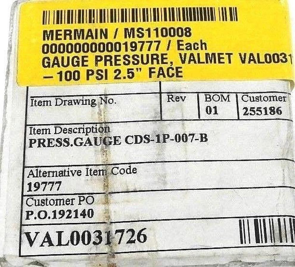 Used NIB MERMAIN MS110008 PRESSURE GAUGE VALMET VAL0031726, CDS-1P-007-B, 1-100 PSI