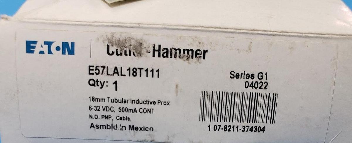 Used EATON CUTLER-HAMMER E57LAL18T111 TUBULAR INDUCTIVE PROXIMITY SENSOR, SER. G1