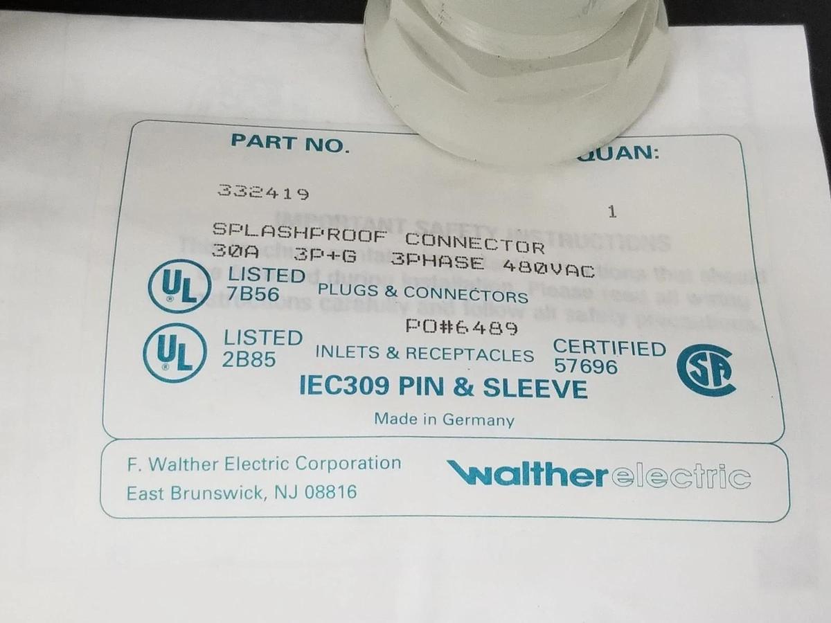 Used LOT OF 2 NEW IN BAG WALTHER 332-4-19 IEC309 PIN AND SLEEVE SPLASHPROOF CONNECTOR