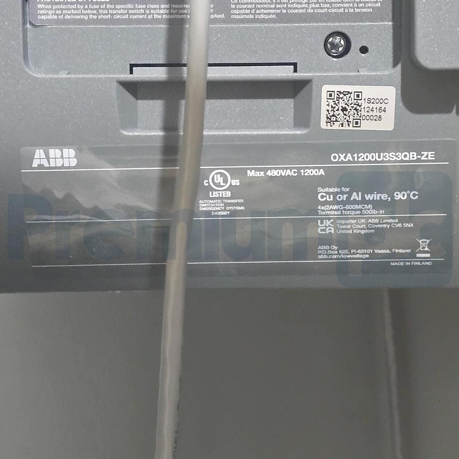 ABB Zenith ZTG ZGON3SX12-BX1XXXXX Transfer Switch 480V 1000A OXA1200U3S3QB-ZE