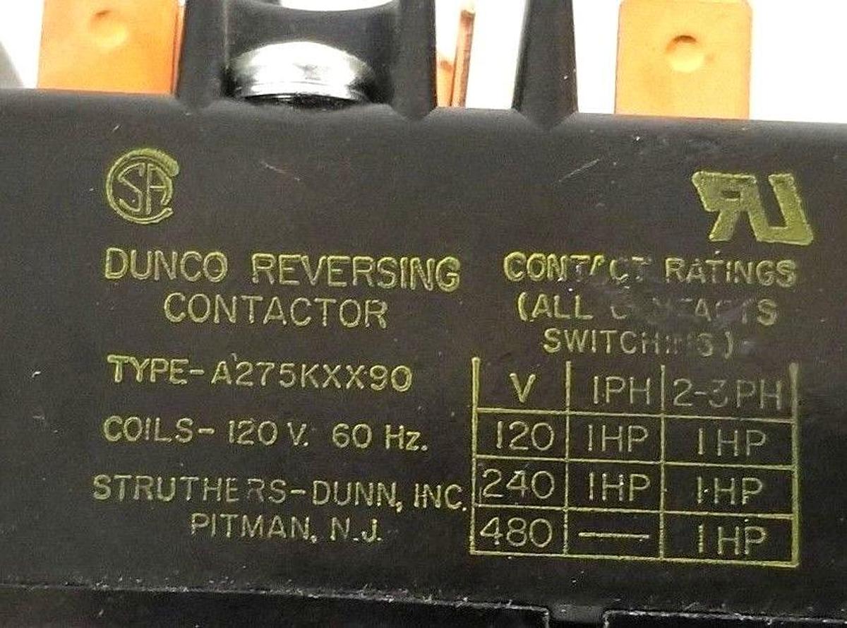 Used LOT OF 2 DUNCO A275KXX90 REVERSING CONTACTORS, 48VDC COILS