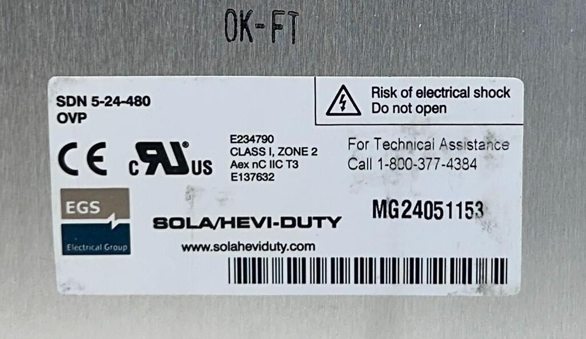 Used SOLA SDN 5-24-480 / SDN524480 HEVI-DUTY POWER SUPPLY 380/500VAC INPUT 24VDC NSNP