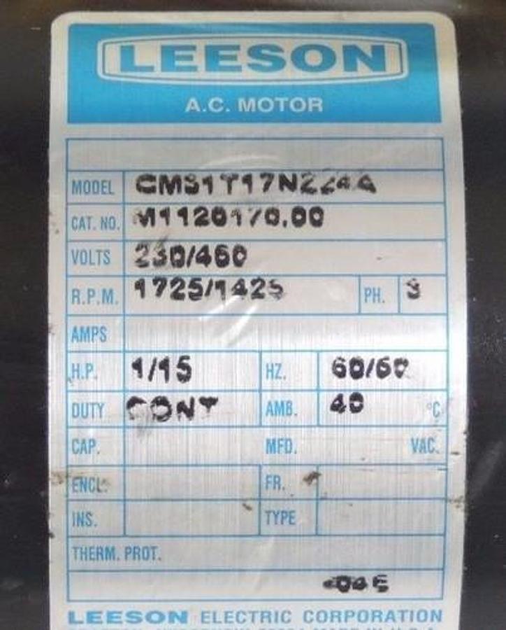Used LEESON CM31T17N224A A.C. GEARMOTOR 1/15 H.P. 1725/1425 RPM M1120170.00