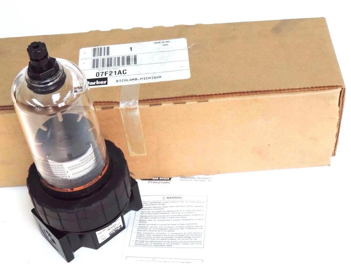 Used NIB PARKER 07F21AC PNEUMATIC FILTER 150PSI MAX 125F MAX 3/8IN 40MICR