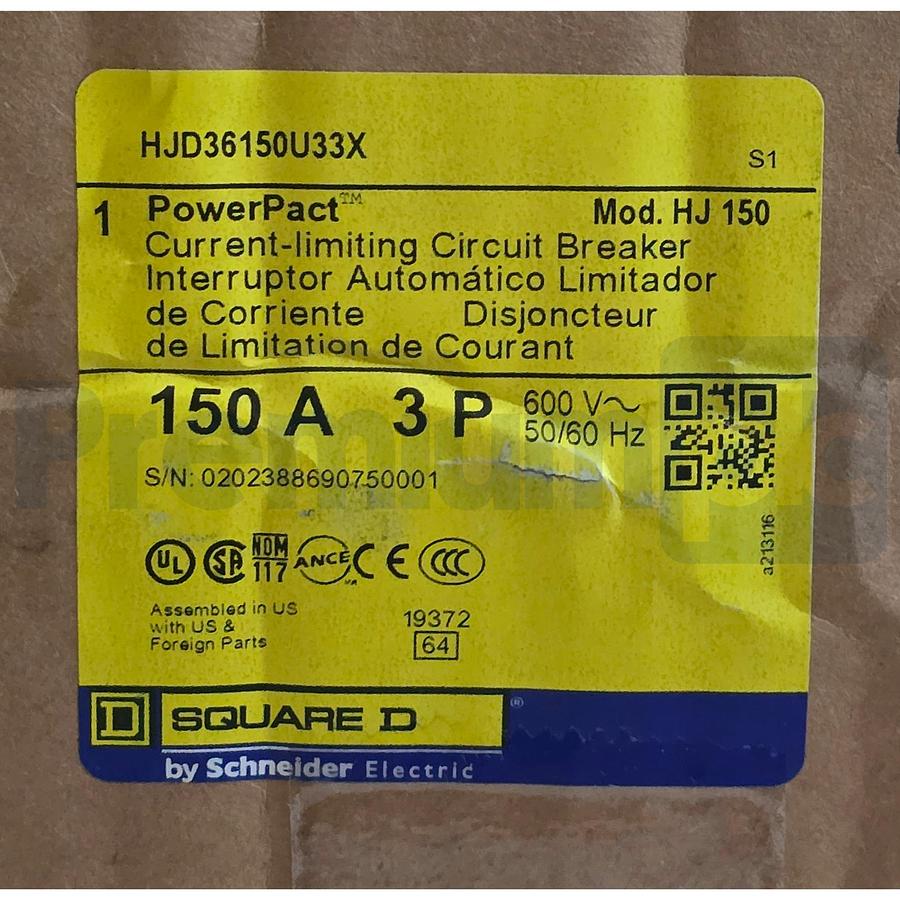 Used Square D HJD36150U33X PowerPact HJ 150 3P 600V 150A Drawout Circuit Breaker NSMP