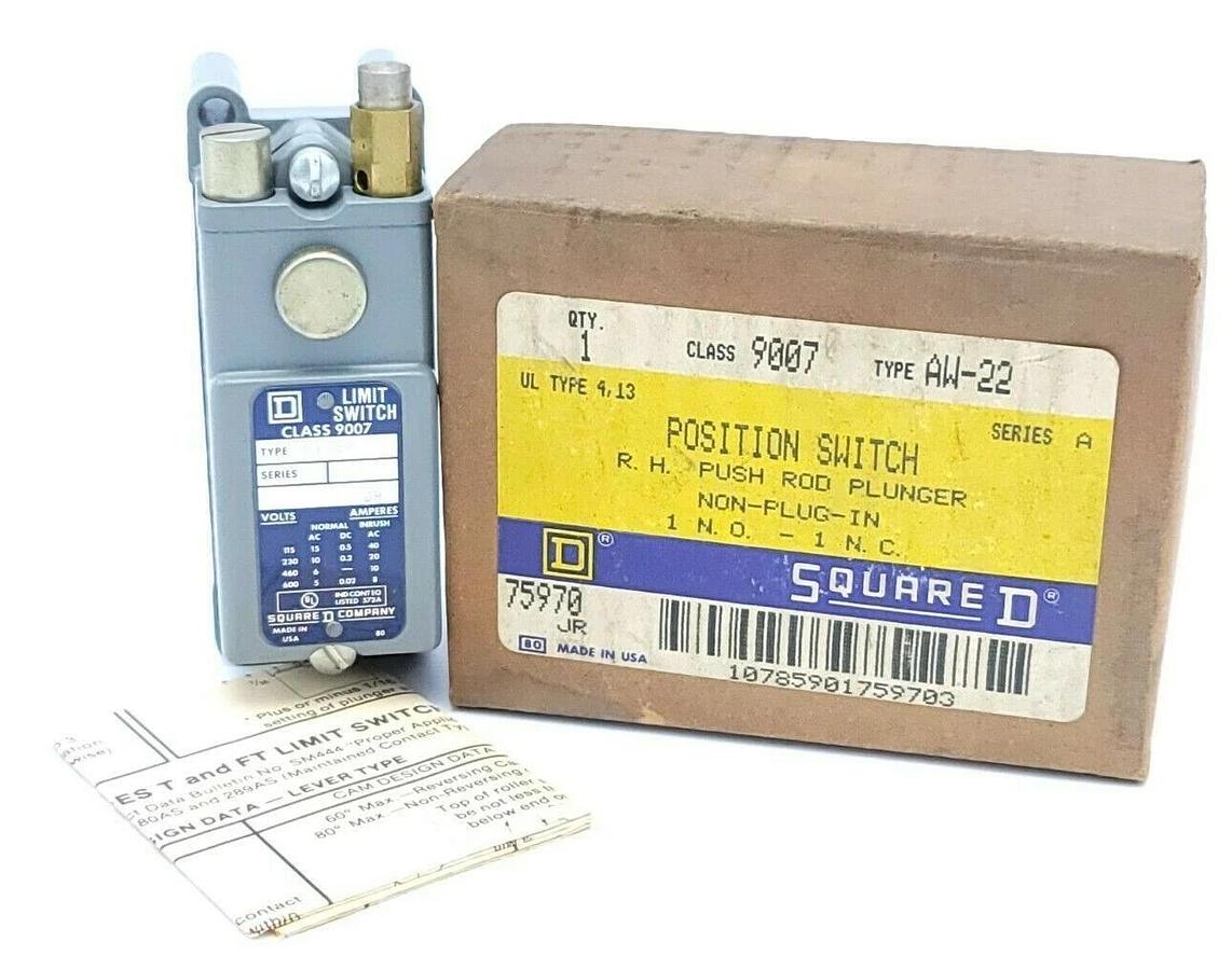 Used NIB SQUARE D 9007-AW-22 POSITION SWITCH R.H PUSH ROD PLUNGER 9007AW22 SER. A