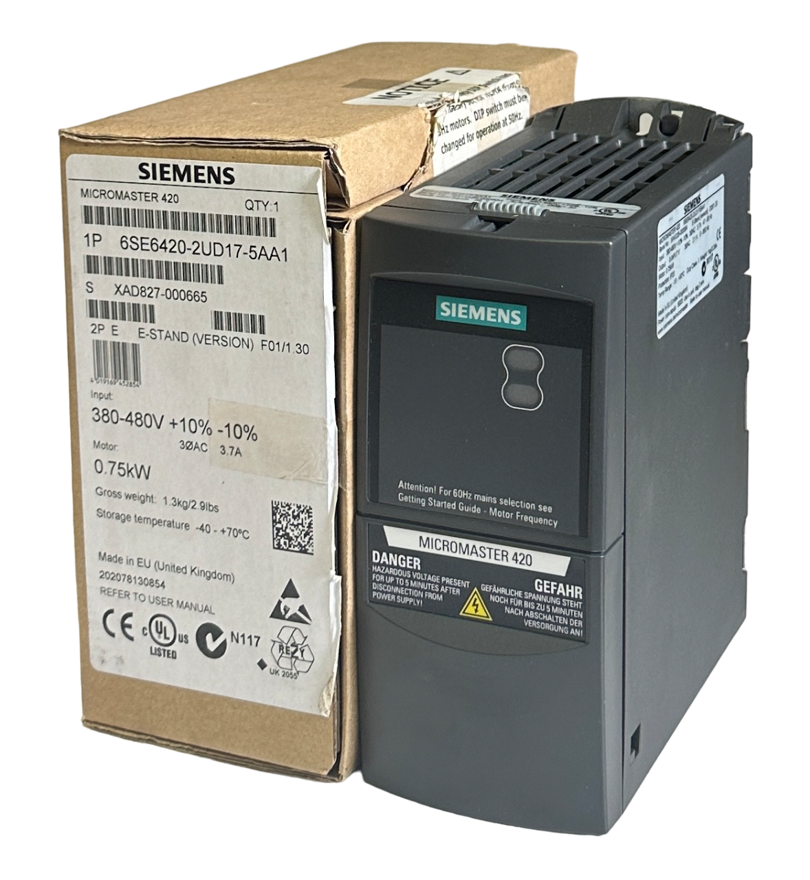 Used SIEMENS 6SE6420-2UD17-5AA1 / 6SE64202UD175AA1 MICROMASTER 420 0.75kW 480V NSNP