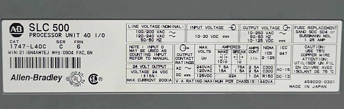 Used For Parts ALLEN BRADLEY 1747-L40C /C SLC 500 PROCESSOR UNIT 40 I/O FRN: 6 L40C