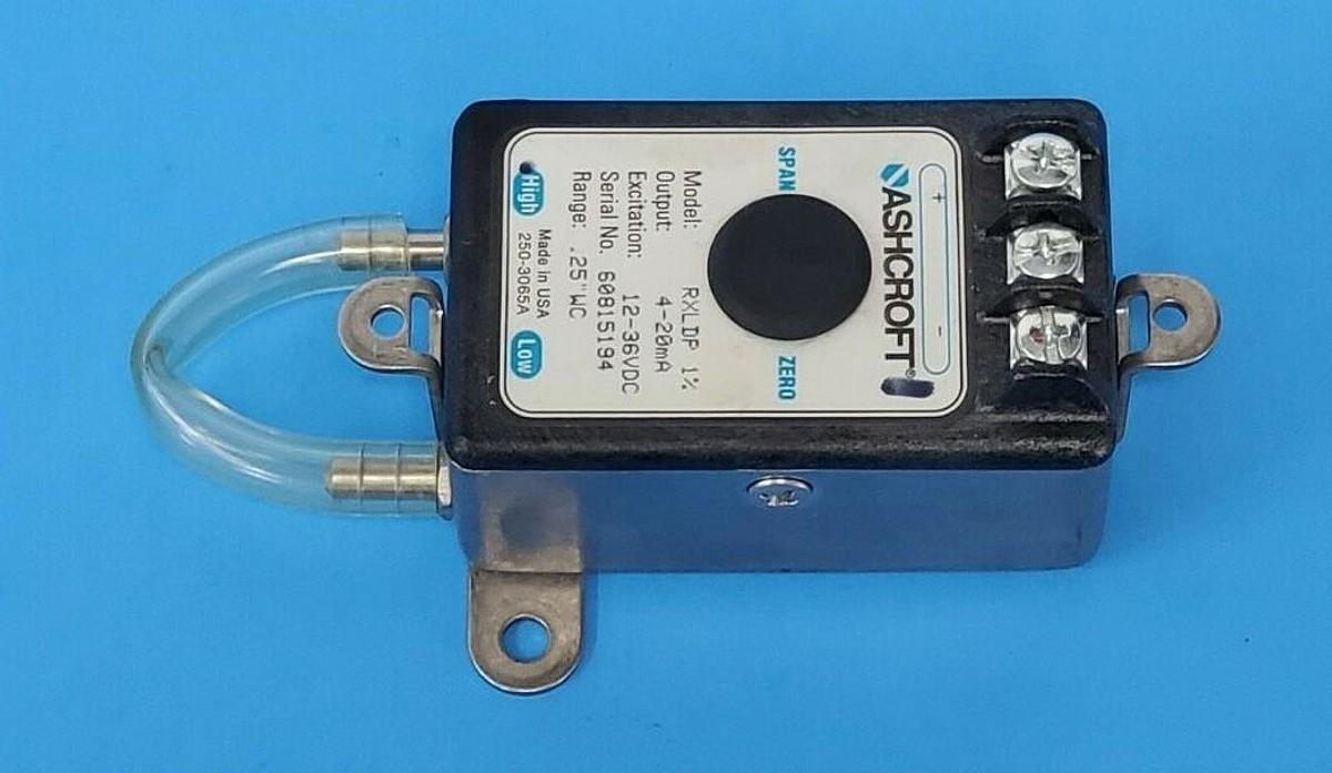 Used ASHCROFT RXLDP 1% PRESSURE TRANSMITTER 4-20mA, 12-36VDC, 0.25" WC RANGE