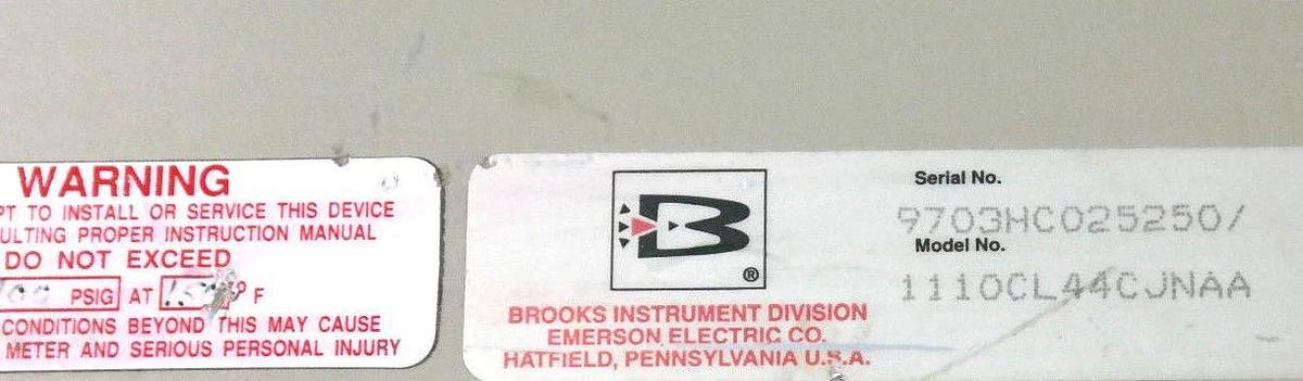 Used BROOKS INSTRUMENT 1110CL44CJNAA FLOW METER, 9703HC025250, R-10M-25-3