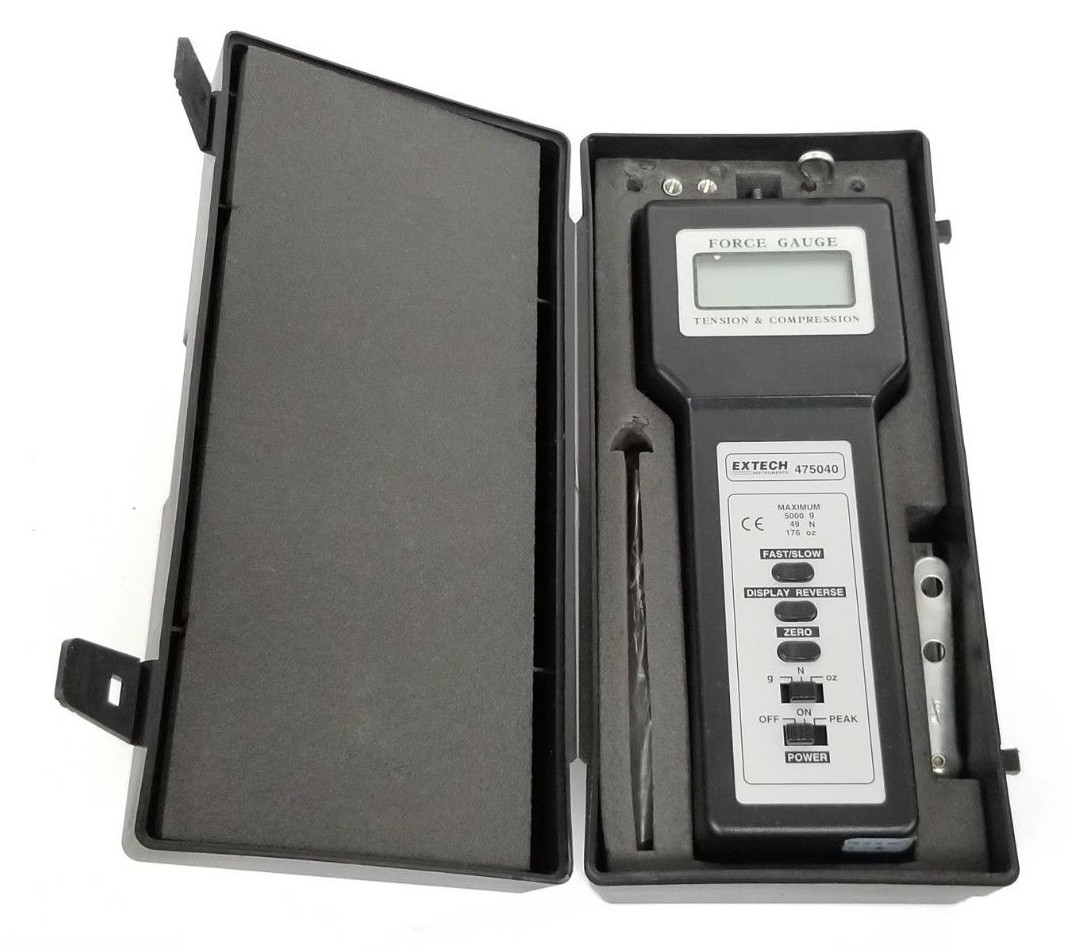 Used EXTECH 475040 TENSION & COMPRESSION FORCE GAUGE 5000G 49N 176oz. W/ ATTACHMENTS
