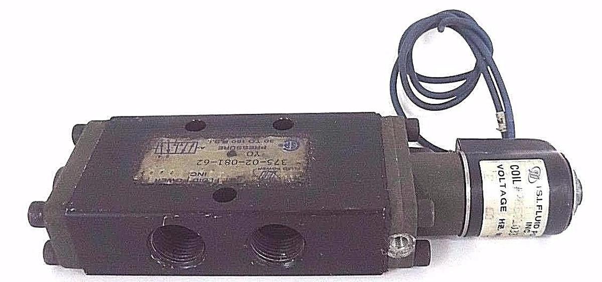 Used FLUID POWER 375-02-081-62 PNEUMATIC VALVE 30 TO 150 PSI W/ 26E01033 COIL