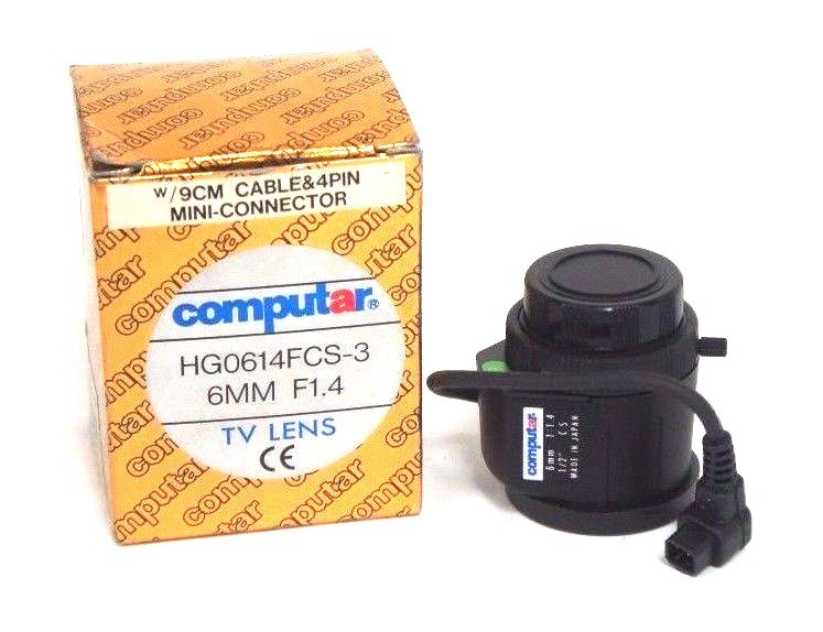 Used NIB COMPUTAR HG0614FCS-3 TV LENS 6MM, F1.4 W/ 9CM CABLE CONNECTOR