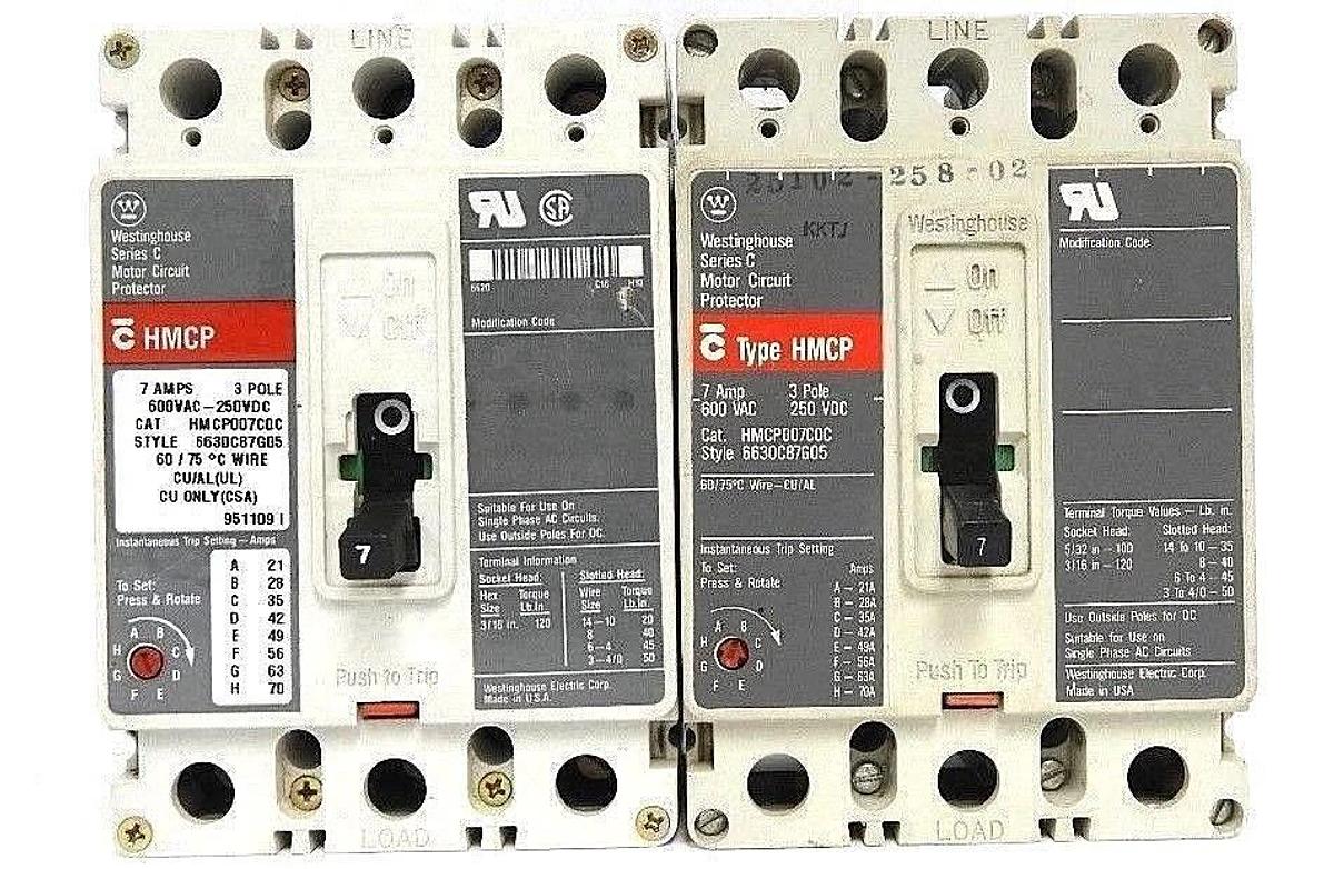 Used LOT OF 2 WESTINGHOUSE HMCP007C0C CIRCUIT BREAKERS STYLE# 6630C87G05, 7 AMP