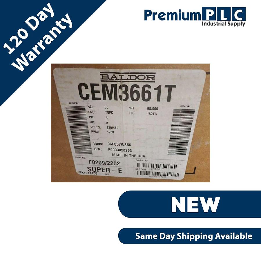 Used NEW BALDOR RELIANCE / ABB CEM3661T SUPER-E MOTOR 3HP, 1760RPM, 3PH, 60HZ, 182TC