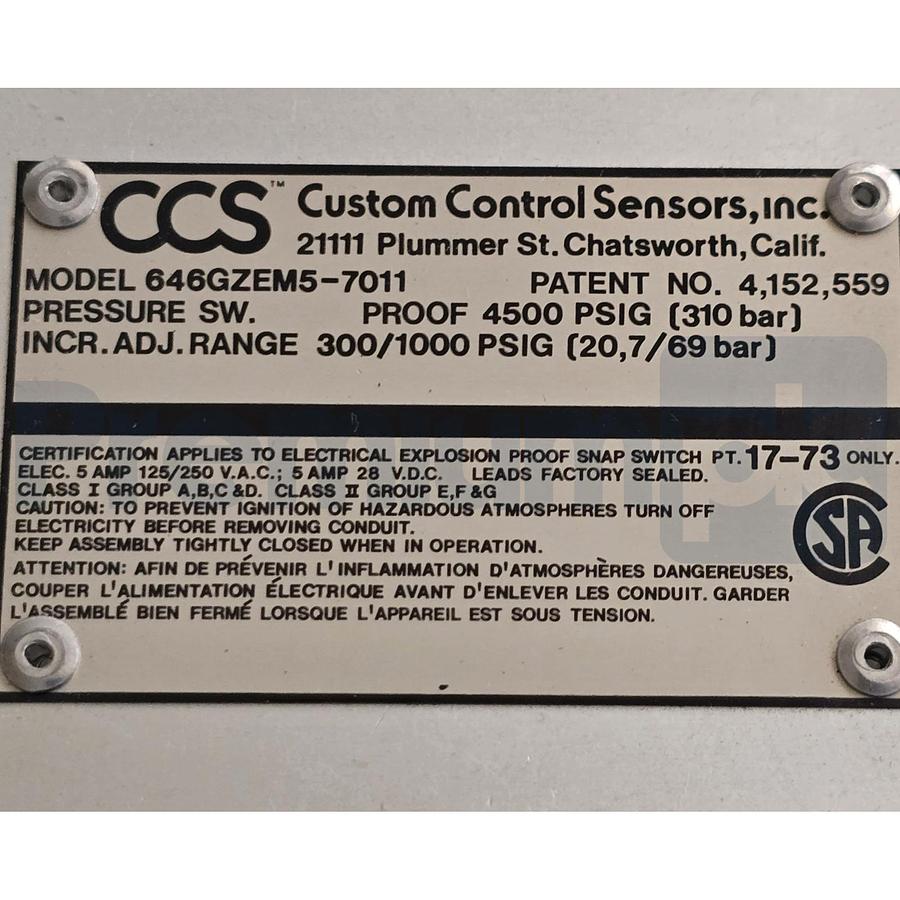 Used CCS Custom Control Sensors 646GZEM5-7011 Dual-Snap Pressure Switch 300-1000 PSIG