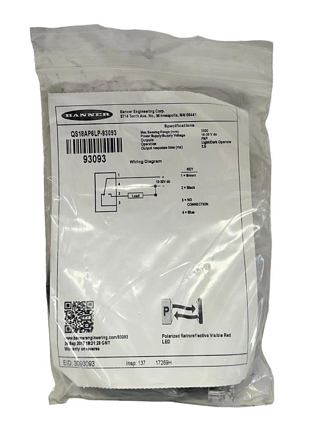 Used BANNER QS18AP6LP-93093 / 93093 WORLD-BEAM PHOTOELECTRIC SENSOR 10-30VDC NSMP