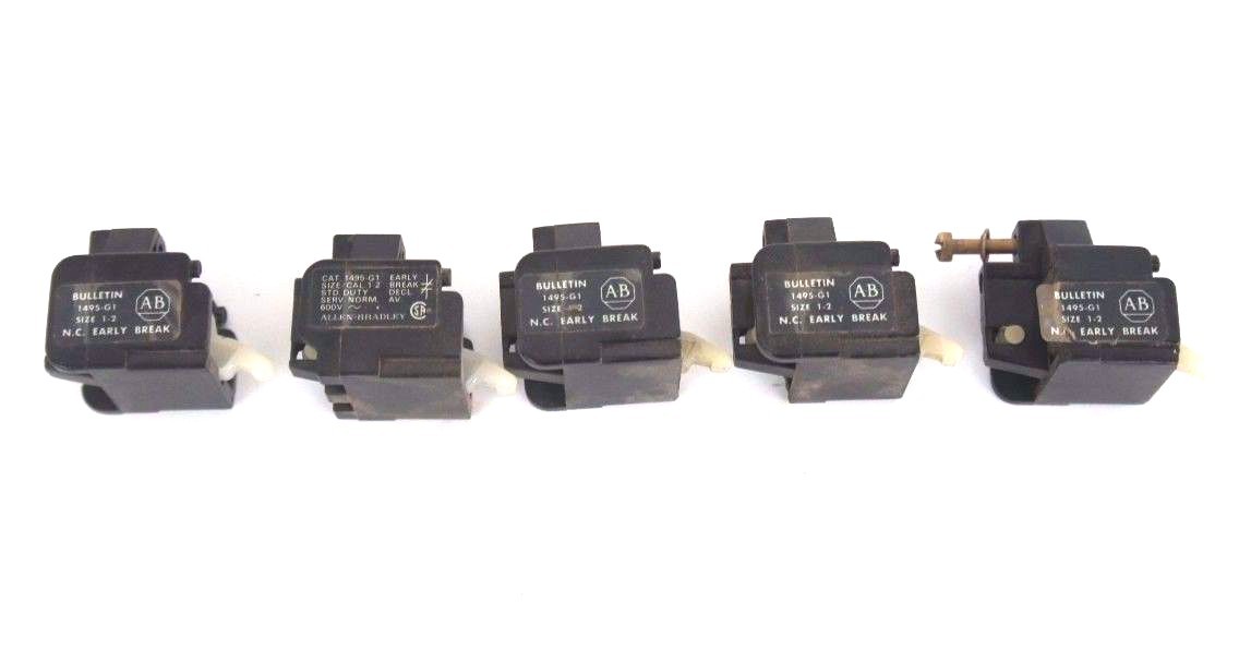 Used LOT OF 5 ALLEN BRADLEY 1495-G1 AUXILIARY CONTACTS SIZE 1-2, 600V, 1495G1