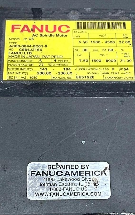 Refurbished REPAIRED FANUC A06B-0844-B201 / A06B-0844-B201-R aC6 AC SPINDLE MOTOR 7.5kW 3PH