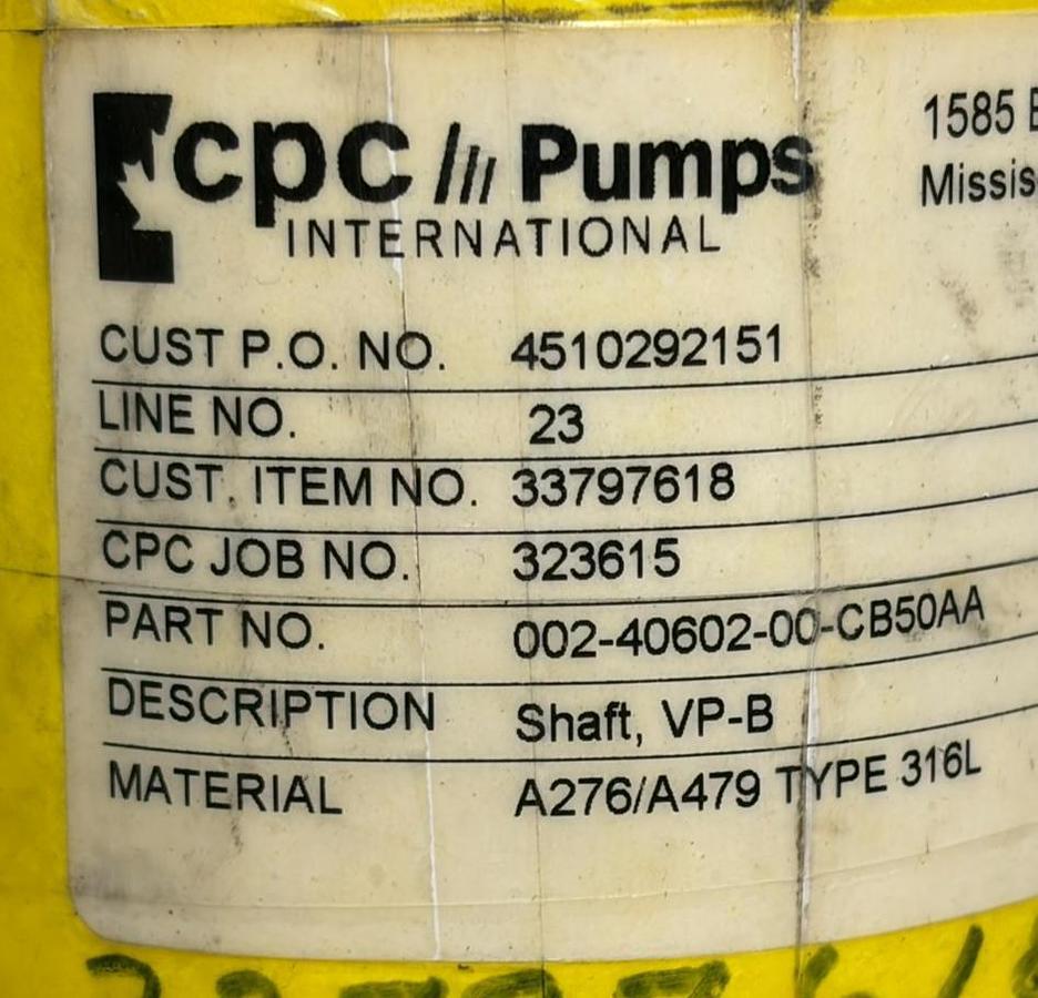 Used CPC Pumps International VP-B Pump Shaft 002-40602-00-CB50AA 316L Stainless New