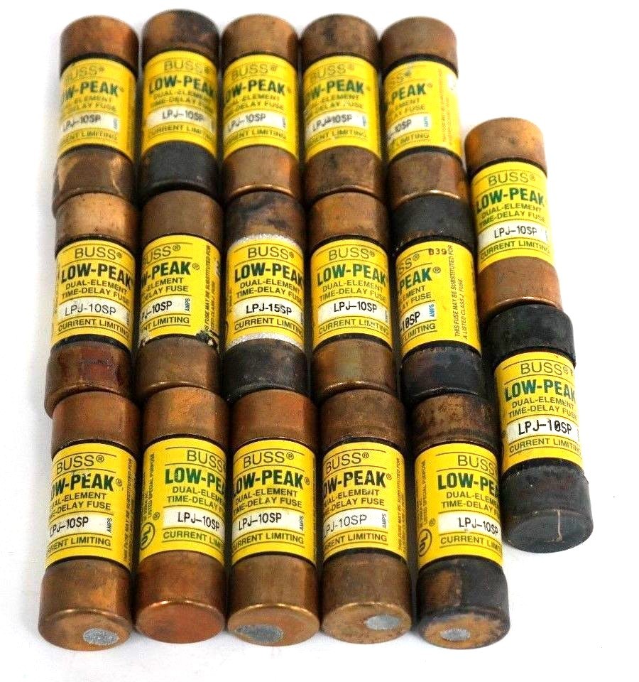 Used LOT OF 16 BUSS LPJ-10SP TIME-DELAY FUSES 10A, 600V, LPJ10SP