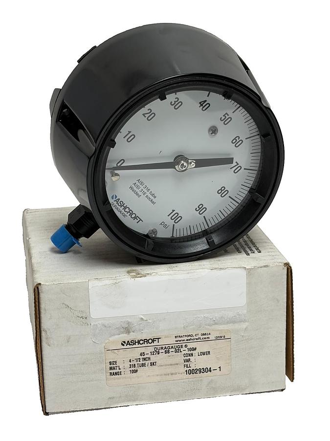 Used Ashcroft 45-1279-SS-02L-100# Duragauge 4.5" Pressure Gauge 100 PSI New Surplus