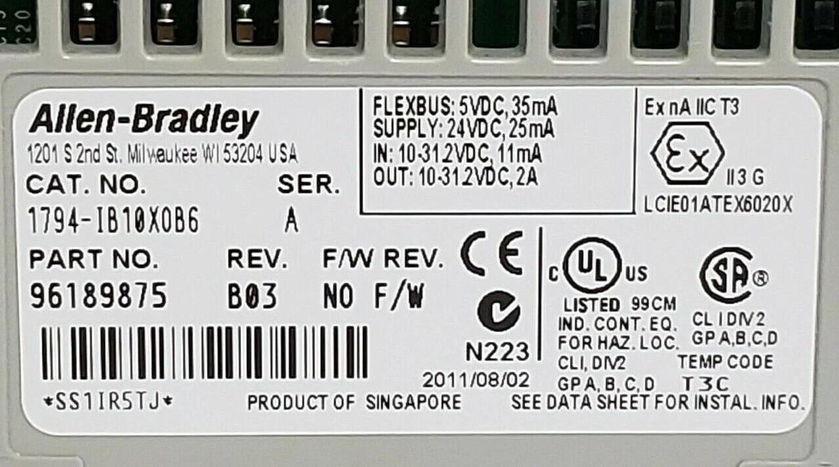Used ALLEN BRADLEY 1794-IB10XOB6 FLEX I/O 24 VDC SINK INPUT/SOURCE OUTPUT SER. A