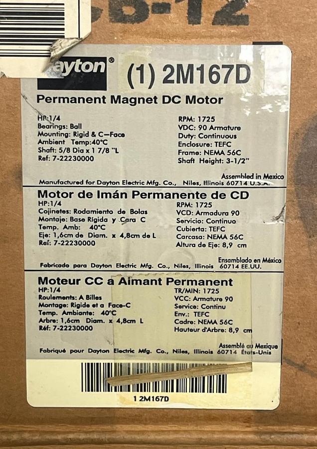 Dayton 2M167D Permanent Magnet DC Motor | 1/4 HP 1725 RPM 90V | 56C TEFC