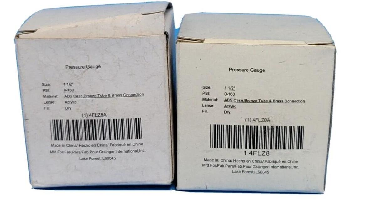 Used LOT OF 2 NIB GRAINGER 4FLZ8A PRESSURE GAUGES 0-160 PSI 1.5 FACE 1/8 NPT