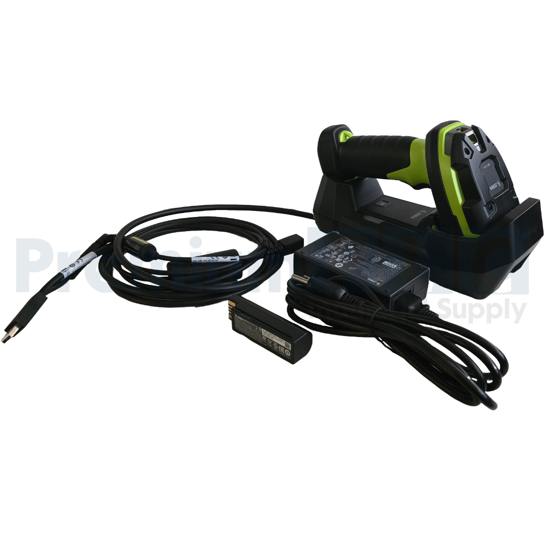 Used NEW ZEBRA DS3678-SR SCANNER SR/FIPS W/ CHARGING CRADLE, POWER ADAPTER, & BATT.