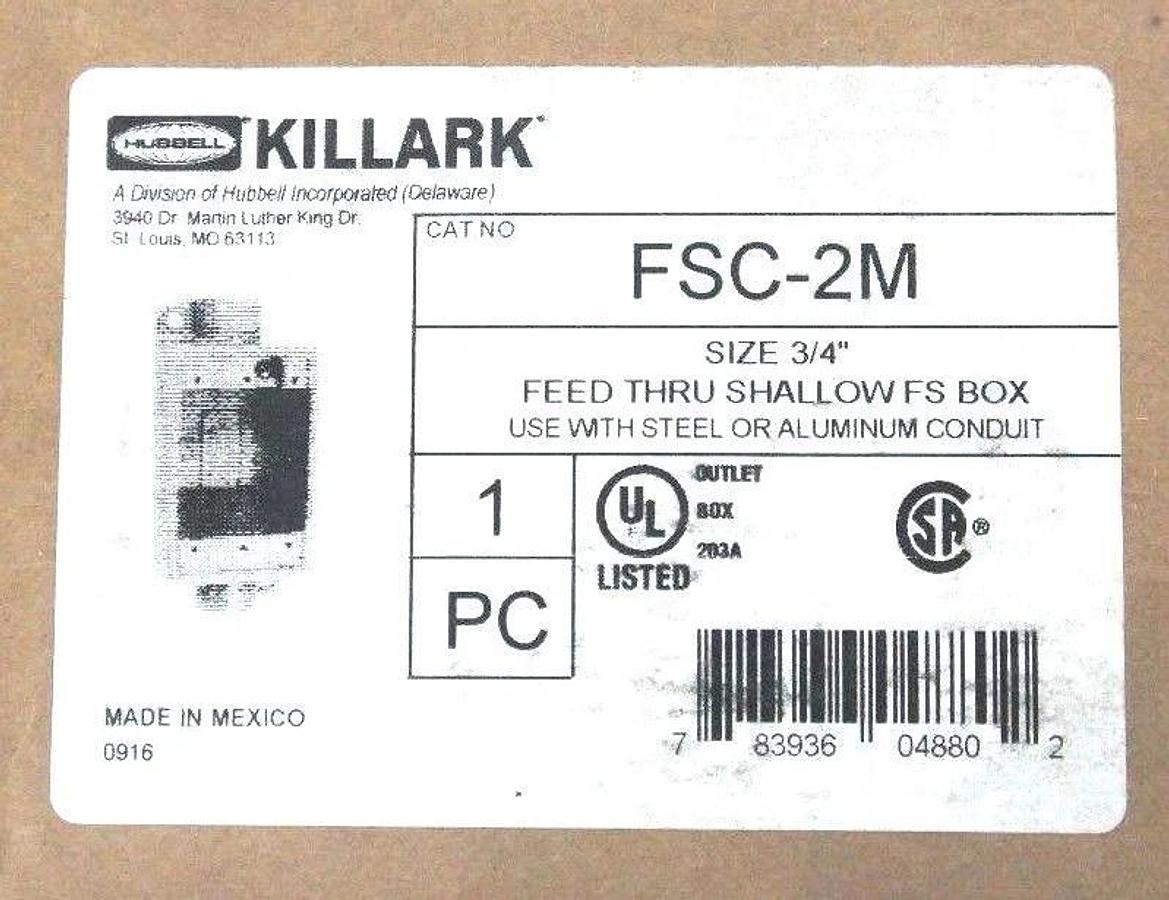 Used NIB HUBBELL KILLARK FSC-2M FEED THRU SHALLOW FS BOX, SIZE 3/4"
