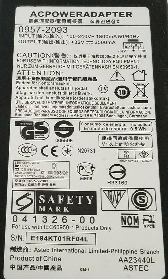 Used SAFETY MARK 0957-2093 POWER SUPPLY 09572093, 100-240V~1800mA 50/60HZ