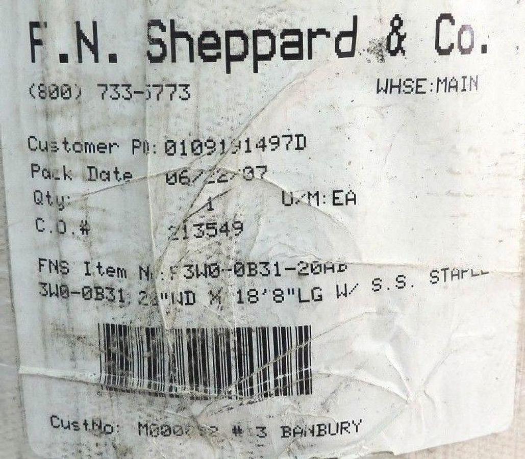 Used NEW F.N. SHEPPARD F3W0-0B31-20AB CONVEYOR BELT 22" W. X 18' 8" L W/ S.S STAPLES