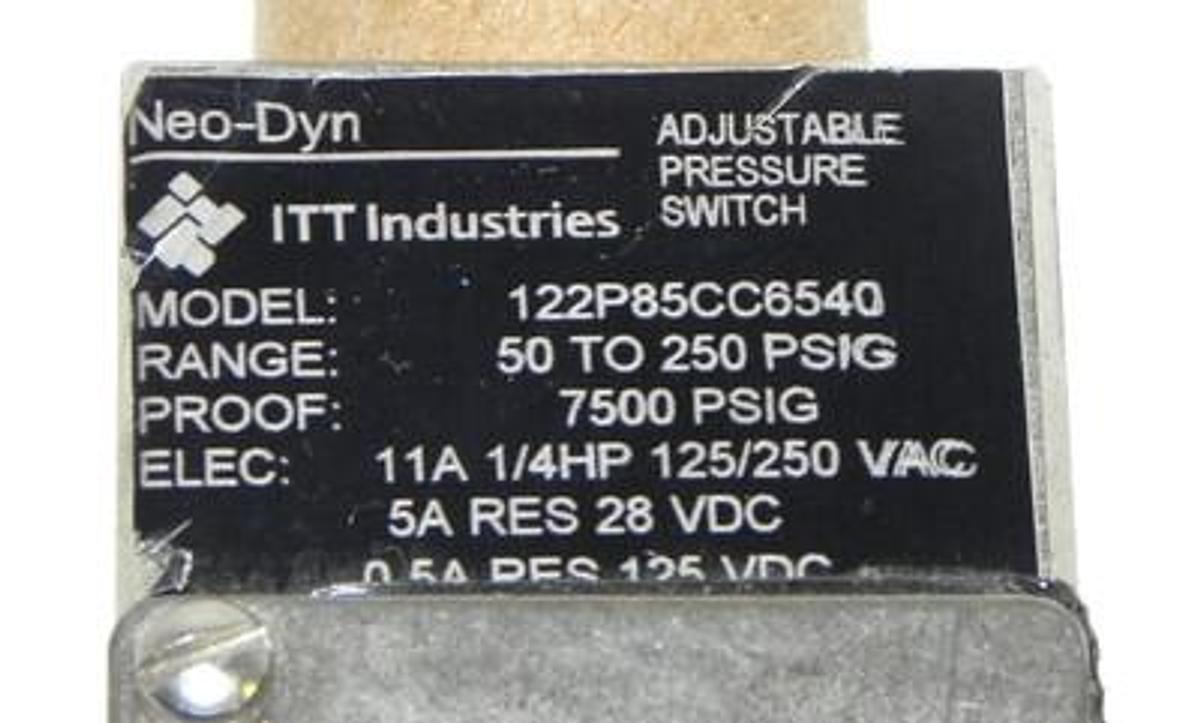Used NEO-DYN 122P85CC6540 ADJUSTABLE PRESSURE SWITCH W/ HYETT 42MW PRESSURE DIAPHRAM