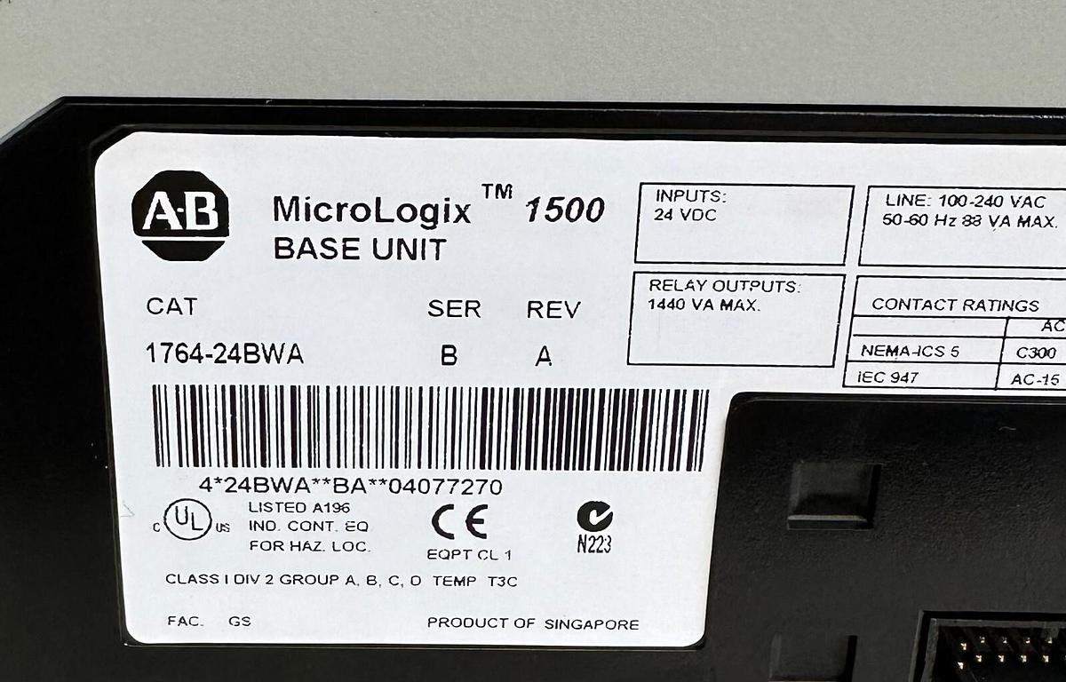 Used ALLEN BRADLEY 1764-24BWA /B MicroLogix 1500 BASE UNIT W/ 1764-LRP /C PROCESSOR